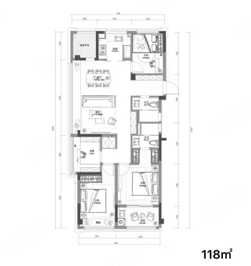 朗拾滨屿府C118方户型，朗拾滨屿府4室2厅2卫1厨约118.00平米户型图，朝南朝向 - 杭州安居客
