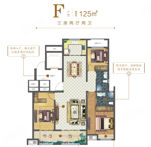 3室2厅2卫 125m05关联户型:善国锦绣城新推125㎡3室的住宅户型.