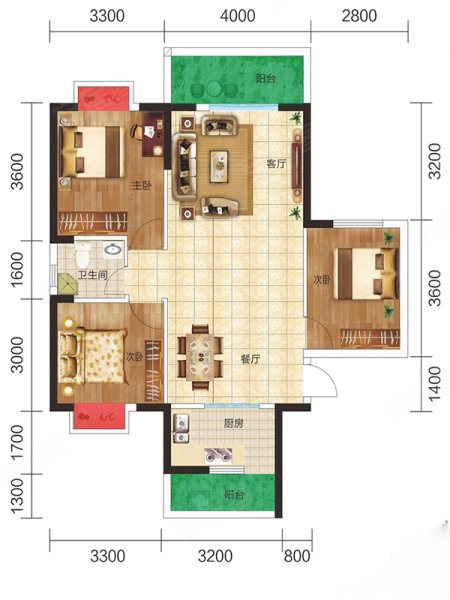 滨江名苑B2户型，滨江名苑3室2厅1卫1厨约103.81平米户型图，朝南北朝向 - 海口安居客