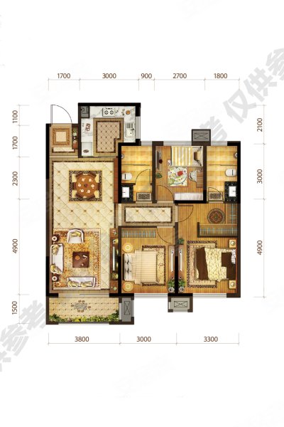 金科博翠园户型B，金科博翠园3室2厅2卫1厨约125.00平米户型图，朝南朝向 - 石家庄安居客