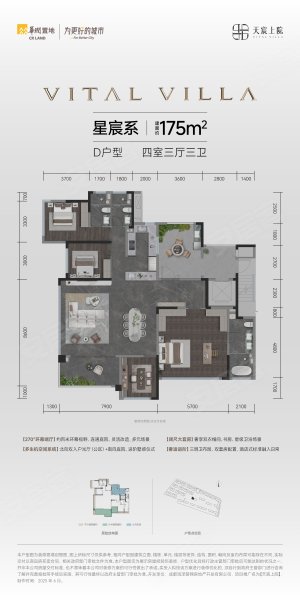 华润置地天宸上院D户型,华润置地天宸上院4室3厅3卫1厨约175.00平米户型图,朝南北朝向 - 成都安居客