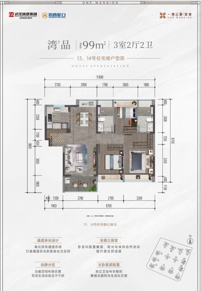 一湾云璟·观境湾品户型13栋14栋,一湾云璟·观境3室2厅2卫1厨约99.00平米户型图,朝东南朝向 - 东莞安居客