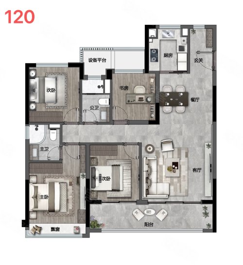建发云启之江B户型,建发云启之江4室2厅2卫1厨约120.00平米户型图,朝南北朝向 - 杭州安居客