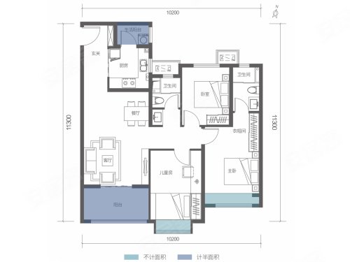 地建嘉信臻城113平,地建嘉信臻城3室2厅2卫1厨约113.00平米户型图,朝南朝向 - 西安安居客
