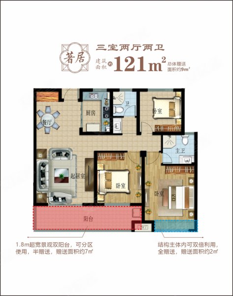 学府春天著居，学府春天3室2厅2卫1厨约121.00平米户型图，朝南朝向 - 南阳安居客
