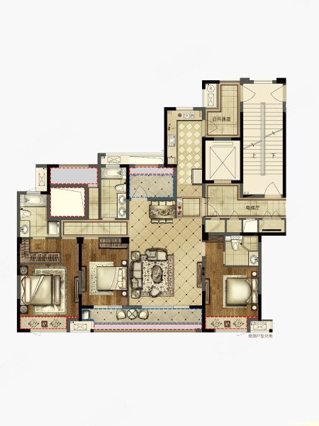 金地湖城大境E户型，金地湖城大境4室2厅3卫1厨约160.00平米户型图，朝南北朝向 - 绍兴安居客