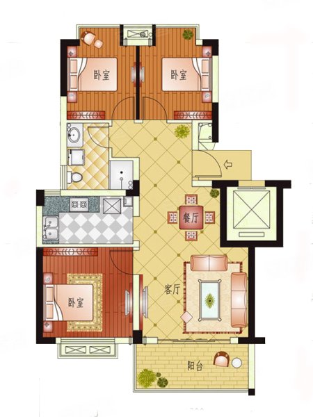 江东阳光名城B1户型,江东阳光名城3室2厅1卫0厨约89.00平米户型图,朝南朝向 - 杭州安居客