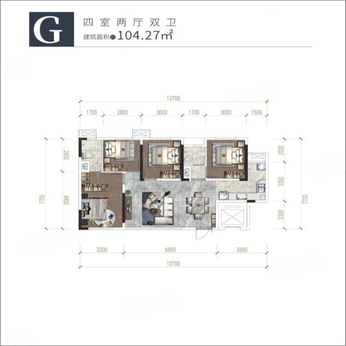阳光·央玺G户型,阳光·央玺4室2厅2卫1厨约104.27平米户型图,朝南朝向 - 资阳安居客