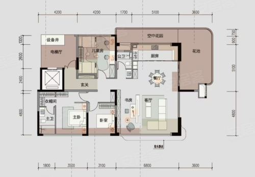 东泰观云H户型,东泰观云4室2厅2卫1厨约130.00平米户型图,朝南北朝向 - 荆州安居客