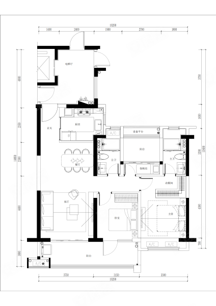 建投·学府上品A户型,建投·学府上品3室2厅2卫1厨约110.13平米户型图,朝南朝向 - 海口安居客