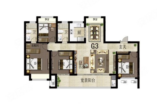 金湖水韵澜庭G3户型,金湖水韵澜庭4室2厅2卫1厨约131.00平米户型图,朝南朝向 - 金湖安居客