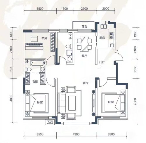 天一和院125㎡户型，天一和院3室2厅2卫1厨约125.00平米户型图，朝南北朝向 - 长春安居客
