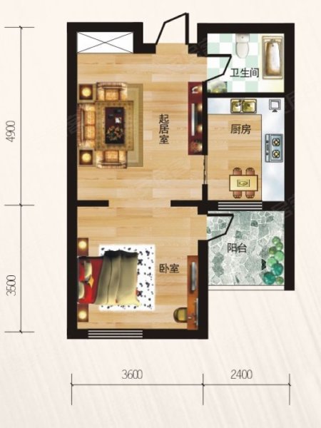 桃花源G户型,桃花源1室1厅1卫0厨约62.00平米户型图,朝南朝向 - 武汉安居客