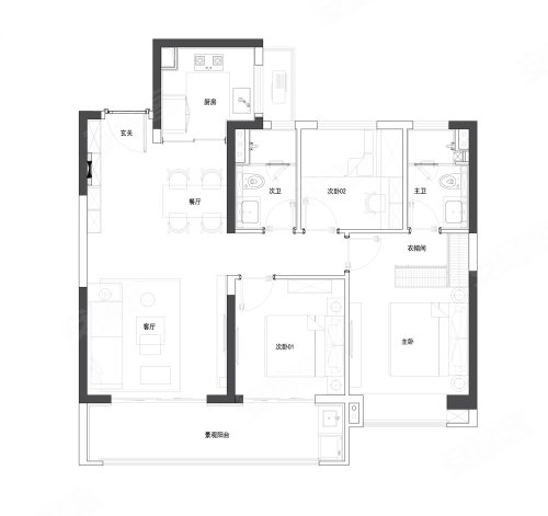中国铁建·凤鸣朝阳99平户型，中国铁建·凤鸣朝阳3室2厅2卫1厨约99.00平米户型图，朝南朝向 - 南京安居客