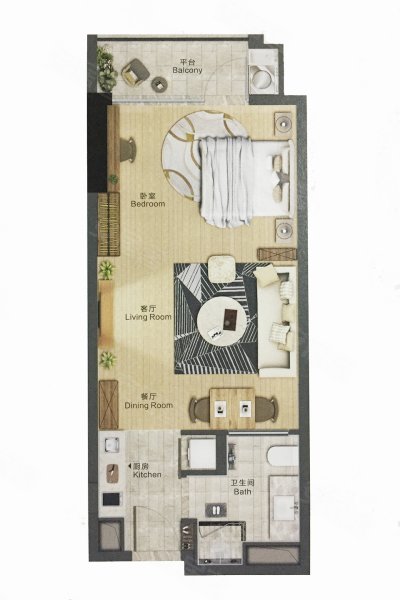 中粮杭州大悦城揽悦公寓平层户型,中粮杭州大悦城揽悦公寓商业约57.82平米户型图,朝南北朝向 - 杭州安居客