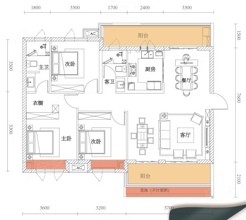 翰林府E户型，翰林府3室2厅2卫1厨约142.36平米户型图，朝南北朝向 - 潜江安居客