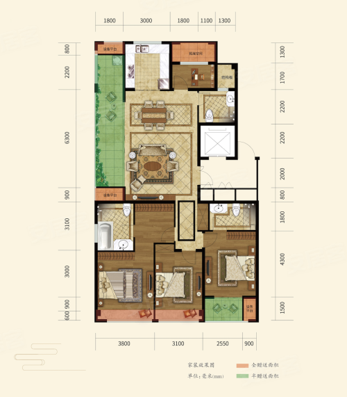 望府未来B户型,望府未来4室2厅3卫1厨约165.00平米户型图,朝南朝向 - 黄山安居客