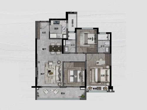 建发云启之江H户型,建发云启之江3室2厅2卫1厨约104.00平米户型图,朝南朝向 - 杭州安居客