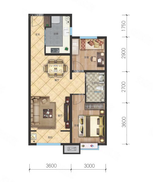 富力熙悦居C户型，富力熙悦居2室2厅1卫1厨约91.00平米户型图，朝南北朝向 - 包头安居客