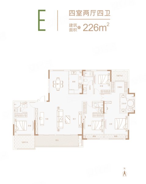苏荷揽月庭E户型，苏荷揽月庭4室2厅4卫1厨约224.00平米户型图，朝南朝向 - 漯河安居客