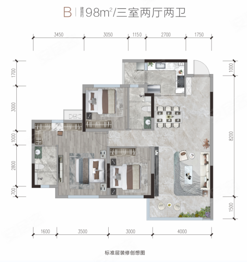 邦泰熙华天骄B户型,邦泰熙华天骄3室2厅2卫1厨约98.00平米户型图,朝南朝向 - 成都安居客
