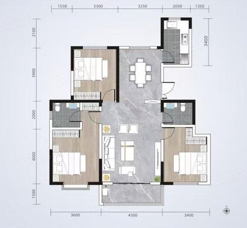 鸿远云璟G户型，鸿远云璟3室2厅2卫1厨约129.59平米户型图，朝南北朝向 - 平凉安居客