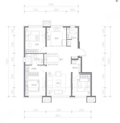 中建·玖玺云玺116户型,中建·玖玺3室2厅2卫1厨约116.00平米户型图,朝南北朝向 - 唐山安居客
