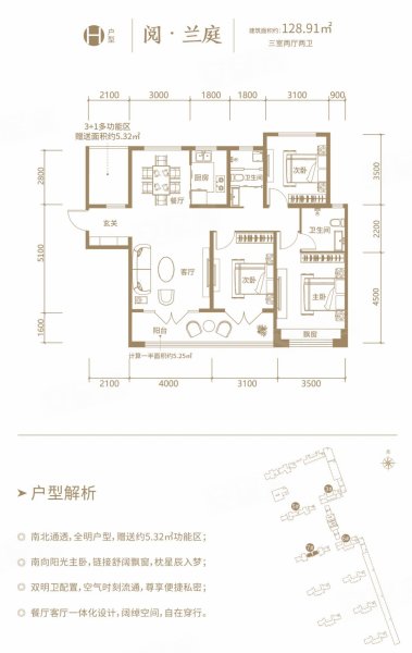 玖阅府H户型,玖阅府3室2厅2卫1厨约128.91平米户型图,朝南朝向 - 运城安居客