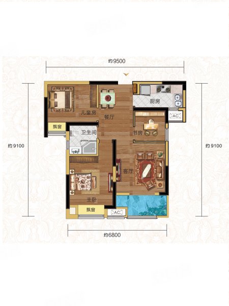 朗诗里程B户型，朗诗里程3室2厅1卫1厨约84.00平米户型图，朝南朝向 - 武汉安居客