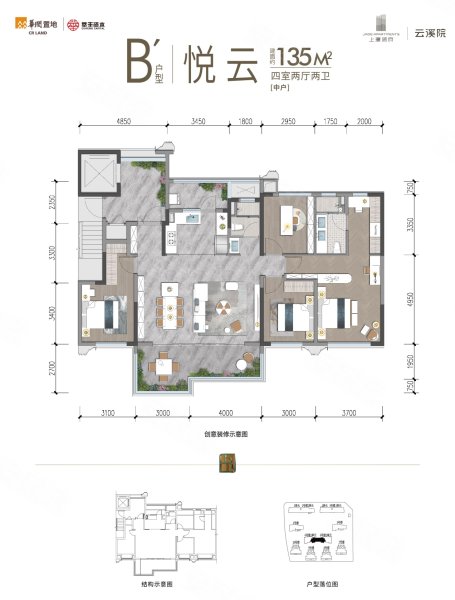 华润置地上璟润府悦云中,华润置地上璟润府4室2厅2卫1厨约135.00平米户型图,朝南朝向 - 成都安居客