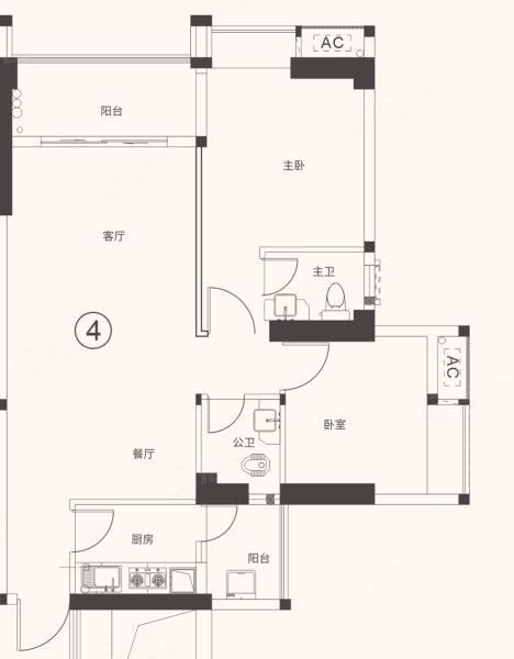 滨江华府2栋2单元04户型,滨江华府2室2厅2卫1厨约98.00平米户型图,朝西北朝向 - 潮州安居客