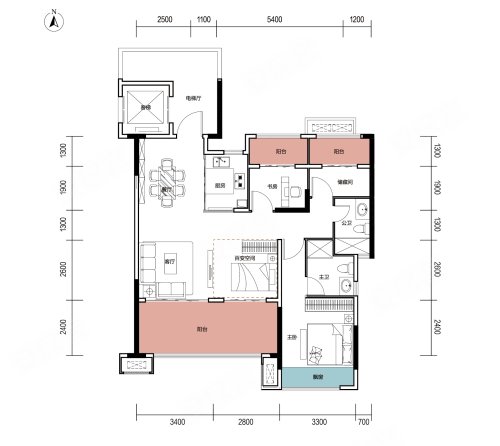 南昌建工锦上城A2,南昌建工锦上城3室2厅2卫1厨约108.00平米户型图,朝北朝向 - 上饶安居客