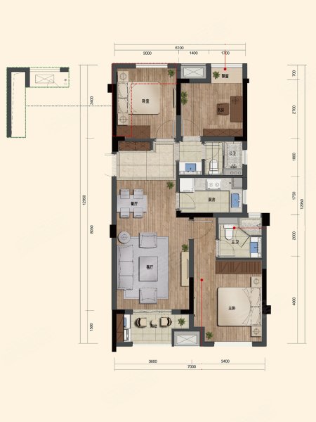 万科杭宸B1户型，万科杭宸3室2厅2卫0厨约89.00平米户型图，朝南朝向 - 杭州安居客