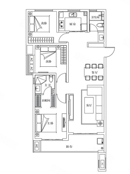 金辉高新云璟C户型,金辉高新云璟3室2厅2卫1厨约126.00平米户型图,朝南朝向 - 西安安居客