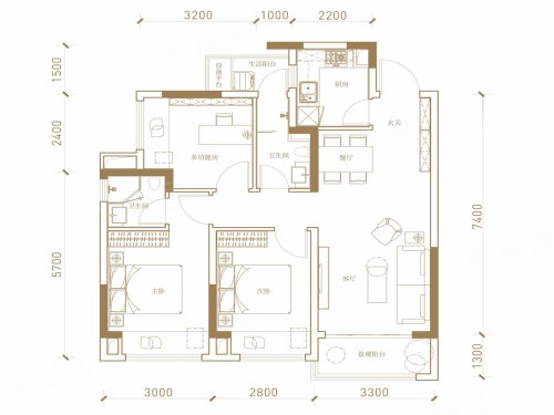建发央著D户型，建发央著3室2厅2卫1厨约90.00平米户型图，朝南朝向 - 成都安居客