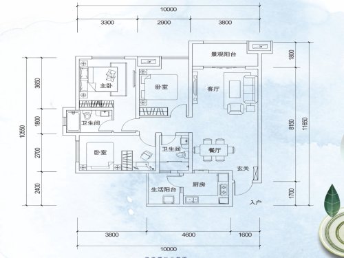 滨江两岸C1户型，滨江两岸3室2厅2卫1厨约97.00平米户型图，朝南朝向 - 成都安居客