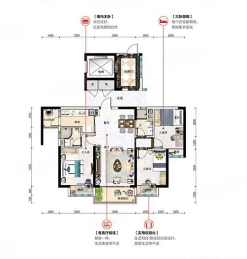碧桂园玺台珑玺户型，碧桂园玺台3室2厅2卫1厨约108.00平米户型图，朝南北朝向 - 赣州安居客