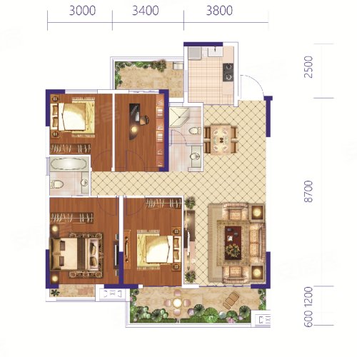 未来城19#A户型,未来城4室2厅2卫1厨约134.02平米户型图,朝南北朝向 - 毕节安居客