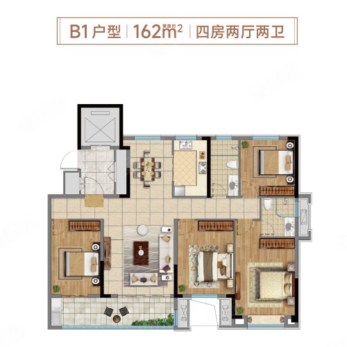 滨湖印象B1户型,滨湖印象4室2厅2卫0厨约162.00平米户型图,朝南朝向 - 泰安安居客