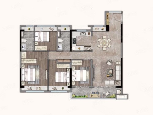 建发和鸣125和129平米A户型，建发和鸣4室2厅2卫1厨约125.00平米户型图，朝南朝向 - 佛山安居客