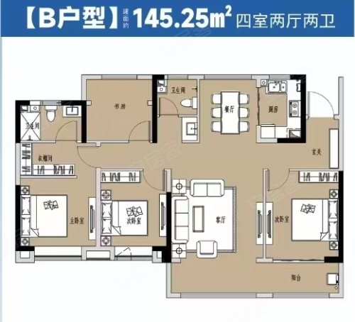 金座铂湾B户型，金座铂湾4室2厅2卫1厨约145.25平米户型图，朝南北朝向 - 西宁安居客