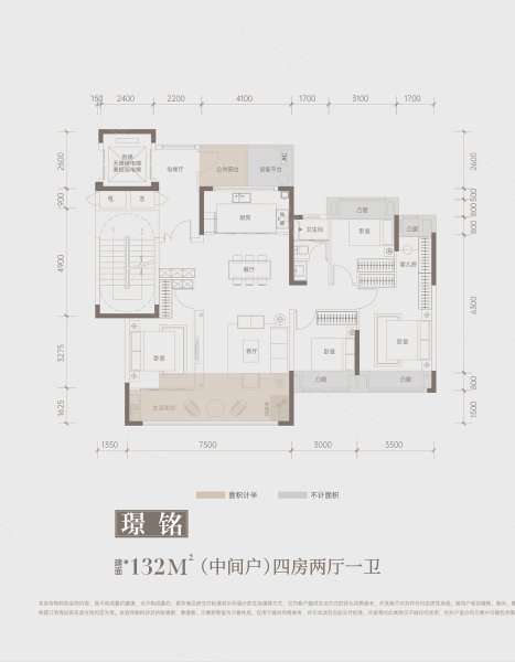金楚智投·璟园璟铭（中间户）户型，金楚智投·璟园4室2厅1卫1厨约132.00平米户型图，朝西南朝向 - 襄阳安居客