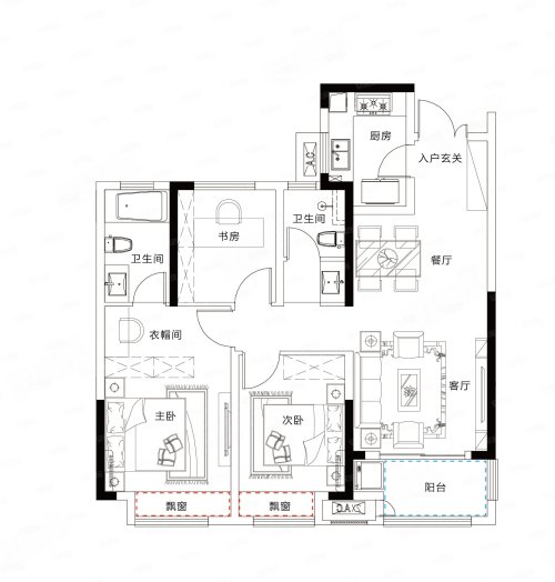 埇贤悦府A户型，埇贤悦府3室2厅2卫1厨约105.00平米户型图，朝南朝向 - 宿州安居客