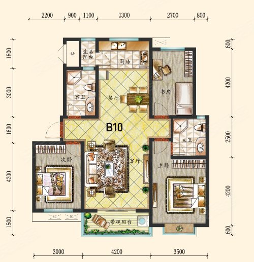 金鑫·华源豪庭北区B10户型，金鑫·华源豪庭北区3室2厅2卫1厨约133.59平米户型图，朝南北朝向 - 运城安居客