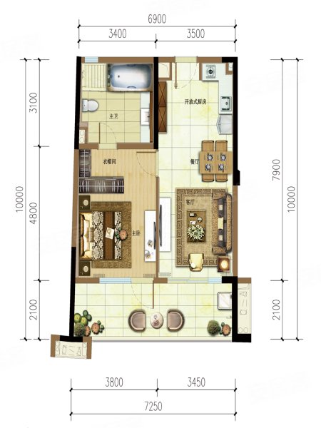 雅居乐海南清水湾海境新天D户型,雅居乐海南清水湾1室2厅1卫1厨约92.75平米户型图,朝南朝向 - 郑州安居客