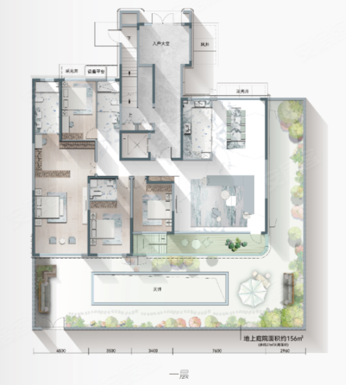 建大悦府洋房C户型一层277平,建大悦府4室2厅3卫1厨约277.00平米户型图,朝南朝向 - 滨州安居客