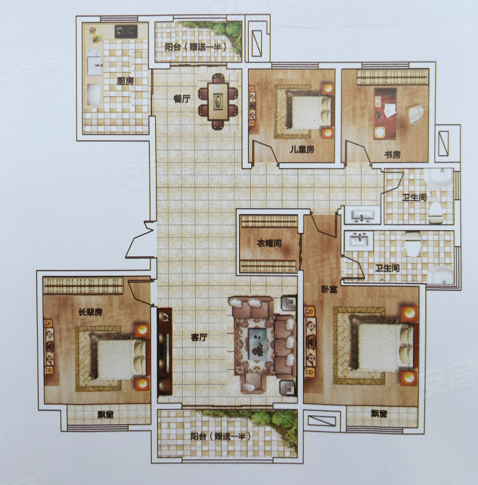 同信滨江壹號户型1,同信滨江壹號4室2厅2卫1厨约162.00平米户型图,朝南朝向 - 驻马店安居客