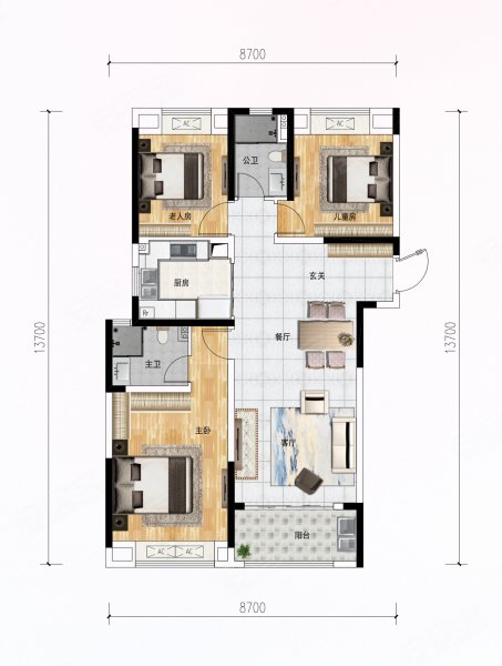 保利香颂E户型，保利香颂3室2厅2卫1厨约124.06平米户型图，朝西朝向 - 武汉安居客