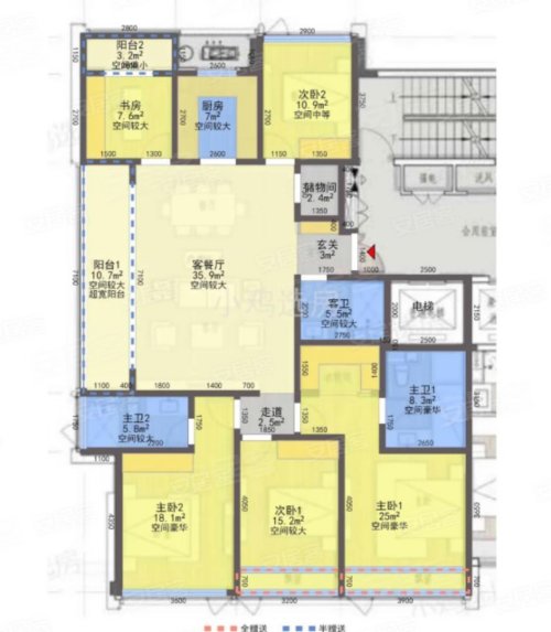 锦尚和品府E1户型，锦尚和品府5室2厅3卫1厨约185.00平米户型图，朝南朝向 - 杭州安居客