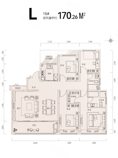 天煜时代L户型，天煜时代4室2厅2卫1厨约170.26平米户型图，朝南朝向 - 桓台安居客
